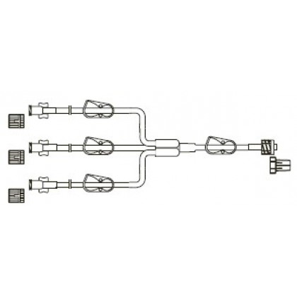 Item# BC599 Trifurcated MiniBore Extension Set, (3) female luer-locks, (4) pinch clamps, spin-lock 50/CS